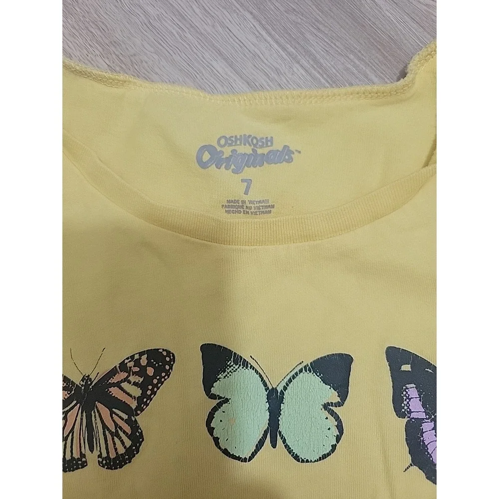 OshKosh B'gosh Girls Yellow Butterfly Graphic Tee Shirt Happy & Free Size 7